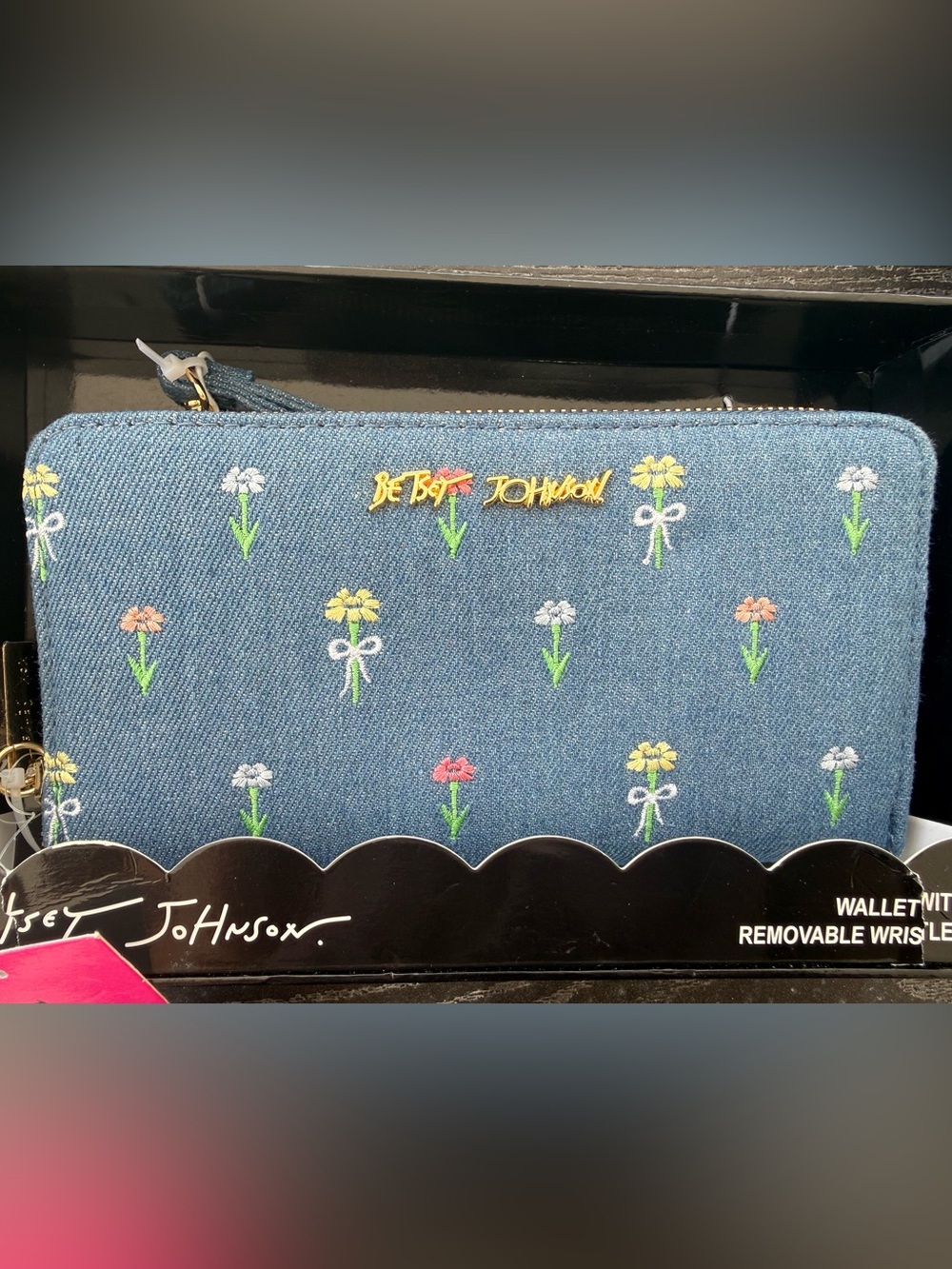 Betsey Johnson Denim Floral Embroidered Wristlet with Gold Logo
